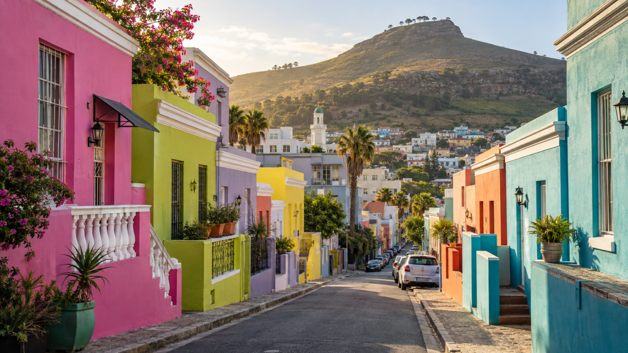 Bo-Kaap colourful historic houses with Signal Hill, Cape Town