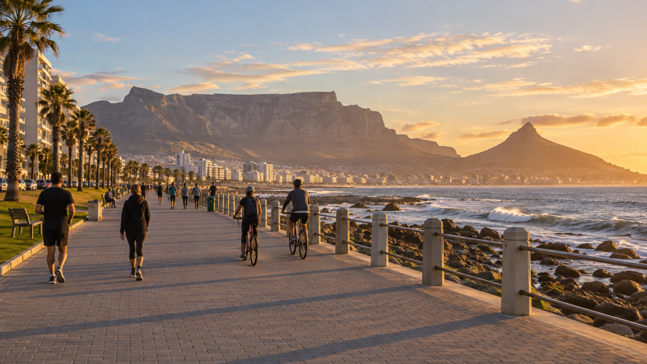 Free things to do in Cape Town: Sea Point Promenade with Table Mountain
