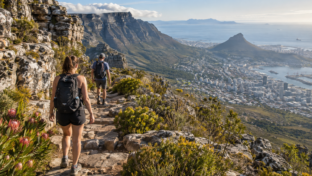 Hiking Table Mountain trail with Cape Town views